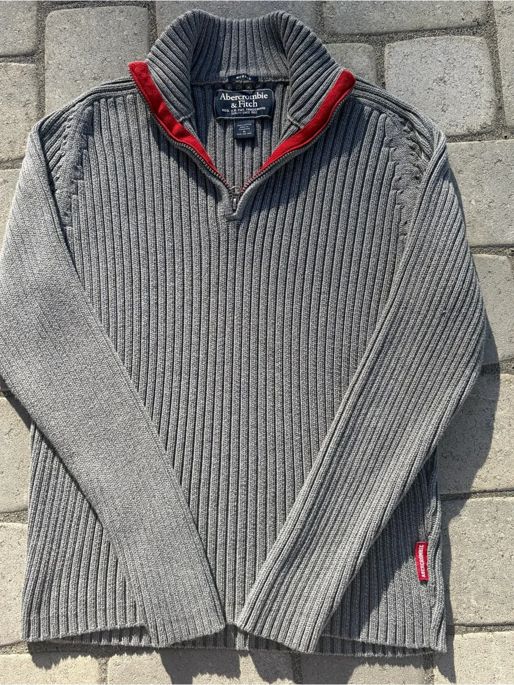 Abercrombie & Fitch Gray Ribbed Half-Zip Sweater with Red Trim